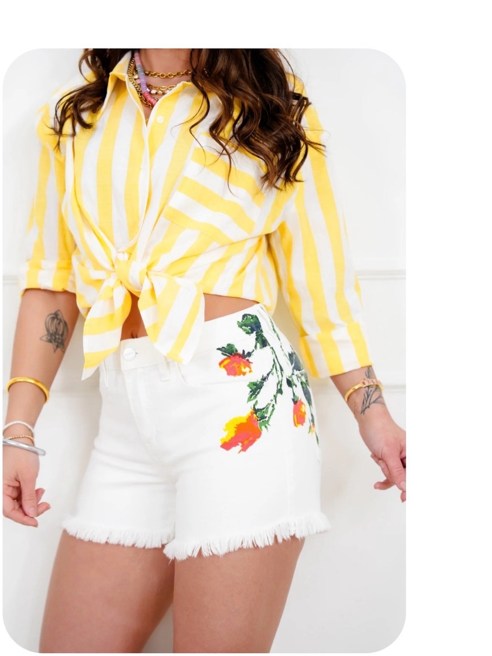 White Floral Embroidered Fray Hem Denim Shorts